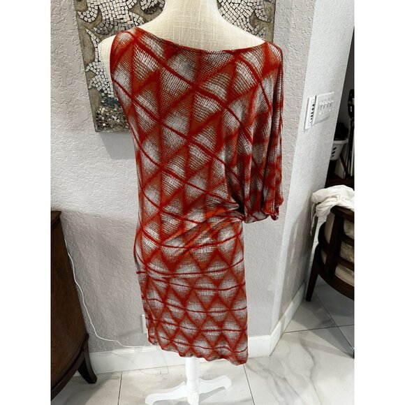 BCBG Kesi Sheer Red & White Geometric Pattern One Shoulder Dress  Size S - Picture 6 of 10